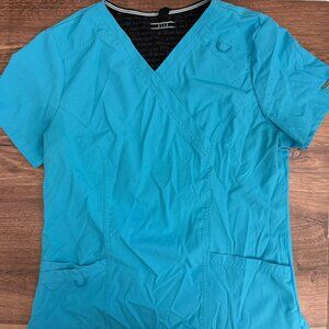 ELLE Turquoise Scrub Top Small Stretch Faux Wrap Medical Uniform VGUC